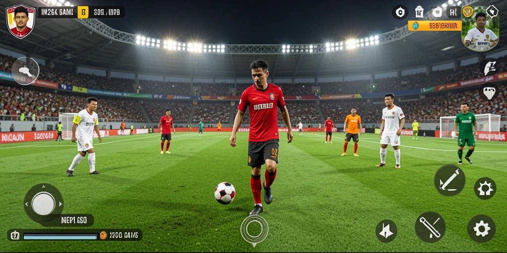 Screenshot gameplay IN22 menampilkan aksi seru di lapangan sepak bola.