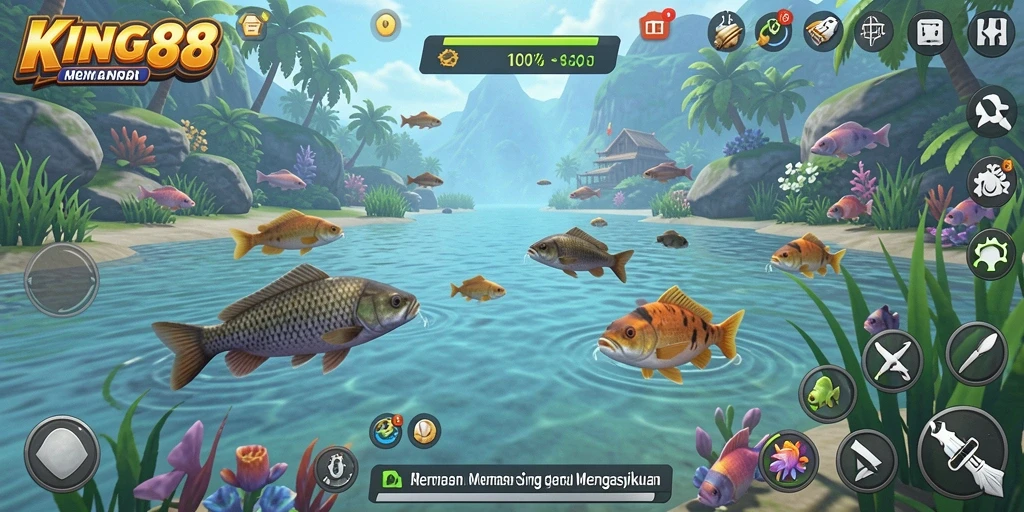 Tampilan gameplay KING88 dengan pemandangan memancing yang menakjubkan.