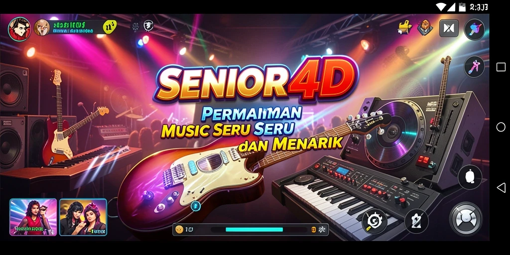 Screenshot menunjukkan gameplay SERU di SENIOR4D dengan berbagai pilihan musik.