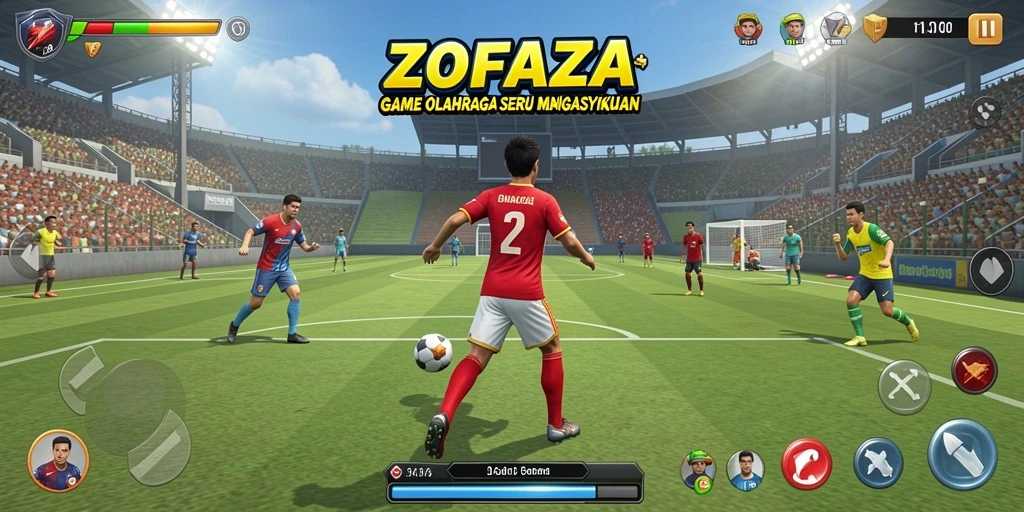 Tangkapan layar gameplay ZOFAZA yang menggambarkan momen seru dalam pertandingan olahraga.